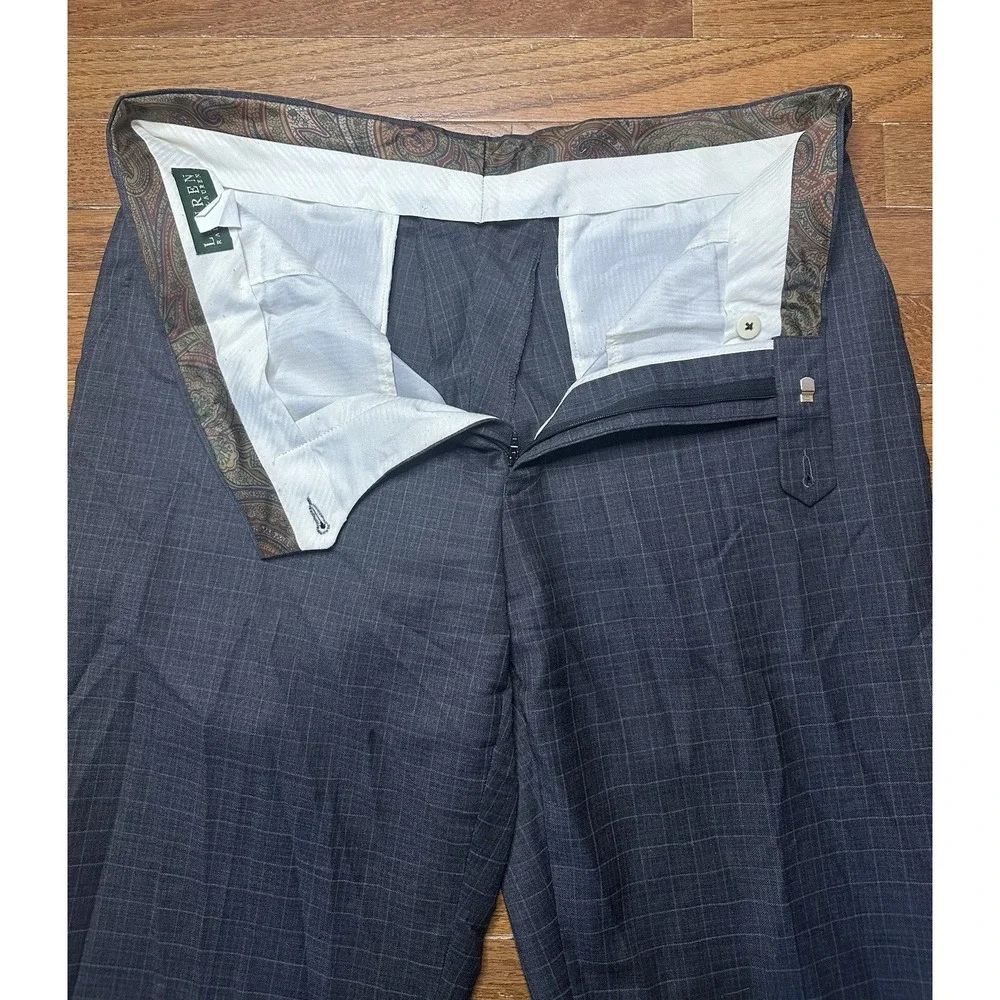 Lauren Ralph Lauren Men 35R 100% Wool Flat Front Pants Gray‎ Plaid 33